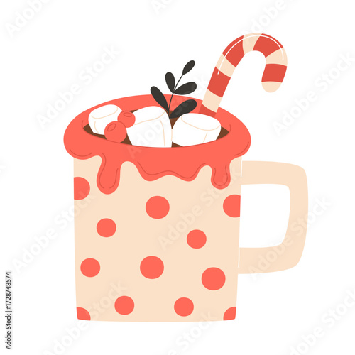 A festive mug with a red and cream candy cane and marshmallows