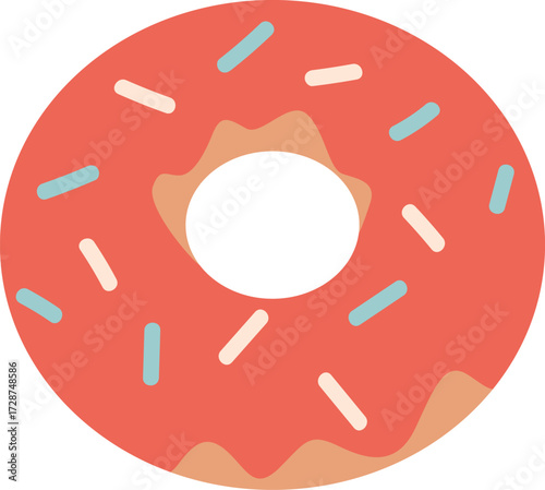 A flat graphic of a coral pink donut with light blue and cream sprinkles
