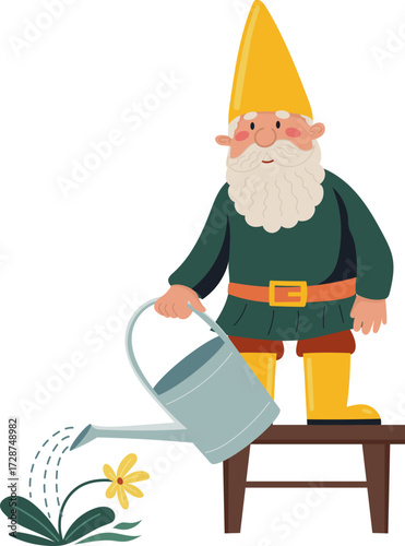 A gnome waters a yellow flower standing on a stool