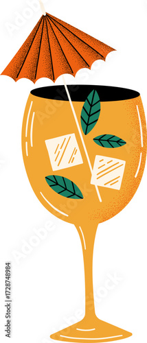 A glass of orange drink with ice and mint topped with an umbrella