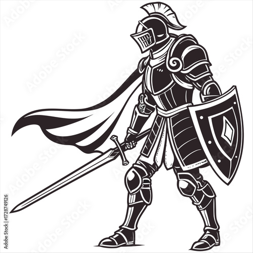 Black and White Suit of Armor Knight Clipart Vector - Detailed Medieval Warrior Illustration with Sword, Ideal for History, Fantasy, and Heraldry Designs on a white background