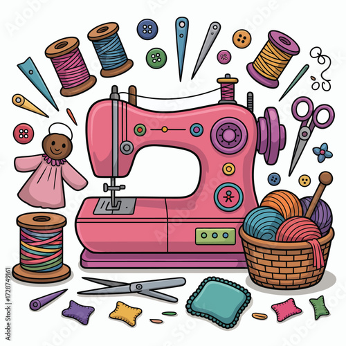 Pink sewing machine with surrounding sewing supplies and a doll threads spools