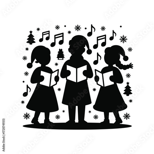 Children singing christmas carols together with festive music notes and snowflakes