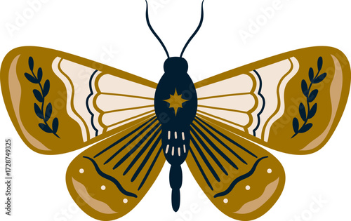 A graphic illustration of a stylized moth with intricate wing patterns