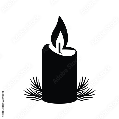 Silhouette of a lit candle with pine needles for a festive holiday or memorial occasion