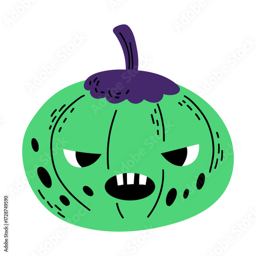 A green pumpkin with a grumpy face black spots and a purple stem