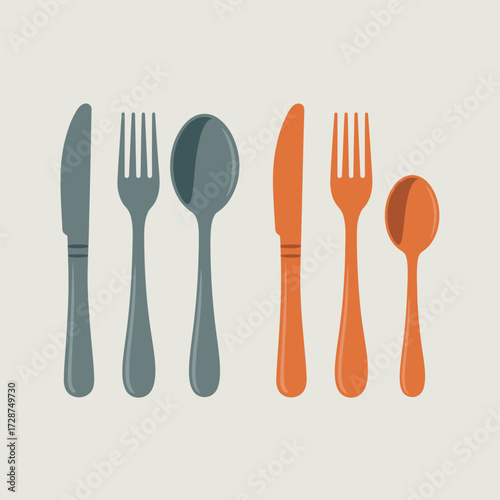 Six cutlery pieces, three grey and three orange, arranged in two rows with different order