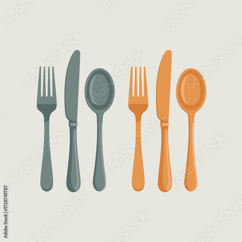 Six cutlery pieces, three grey and three orange, arranged in two rows with specific order