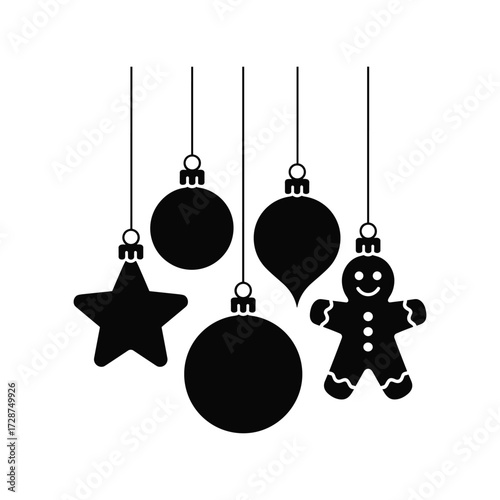 Set of five festive christmas ornaments hanging together star baubles gingerbread man