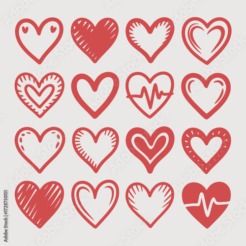 Various Red Hand Drawn Heart Shapes and Styles on a Light Background love drawing