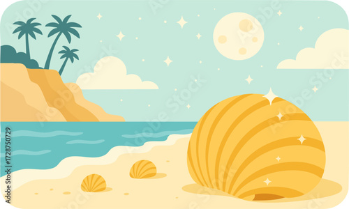 Fantasy Seashell Beach at Night Minimal Flat Vector illustration with Moons, Poster, and Banner elements, easily editable and scalable. 