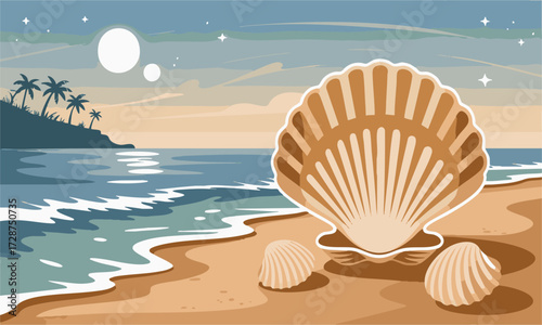 Fantasy Seashell Beach at Night Minimal Flat Vector illustration with Moons, Poster, and Banner elements, easily editable and scalable. 