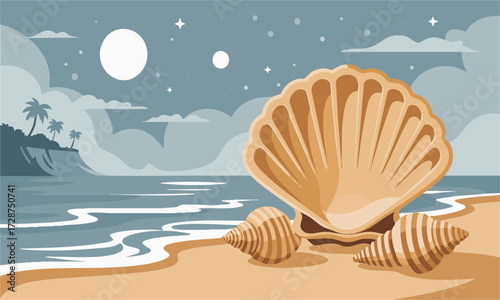 Fantasy Seashell Beach at Night Minimal Flat Vector illustration with Moons, Poster, and Banner elements, easily editable and scalable. 