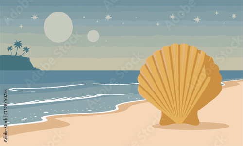 Fantasy Seashell Beach at Night Minimal Flat Vector illustration with Moons, Poster, and Banner elements, easily editable and scalable. 