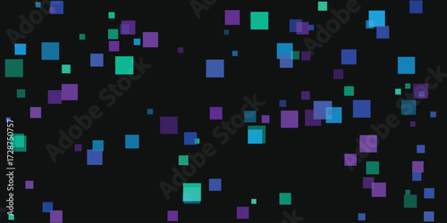 Abstract background with randomly distributed colorful squares on a dark canvas