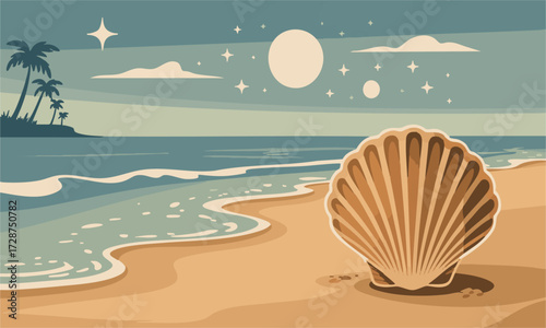 Fantasy Seashell Beach at Night Minimal Flat Vector illustration with Moons, Poster, and Banner elements, easily editable and scalable. 