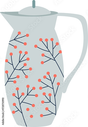 A light blue pitcher with a handle and lid decorated with dark blue branches and red berries