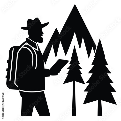 Hiker With Backpack Map Mountains Trees Silhouette backpacker explorer