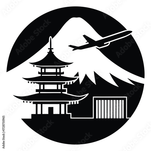 Japanese Pagoda Mount Fuji Airplane Travel Icon vector illustration