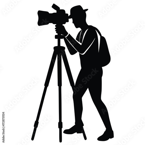 Silhouette of a backpacker photographer with camera on tripod vector illustration