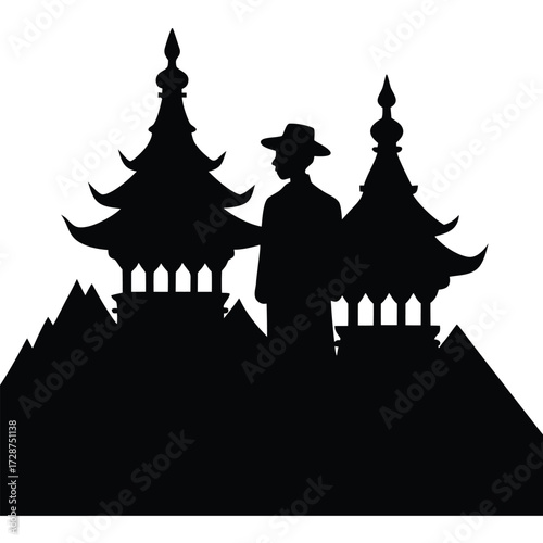 Silhouette Man Hat Between Pagodas on Mountain Peaks fedora person