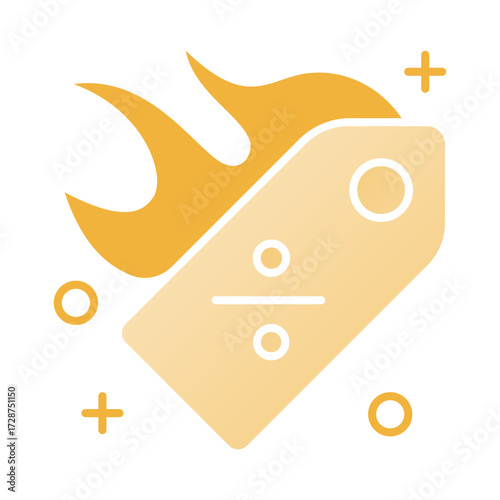 A light tan tag with orange flames and yellow dots