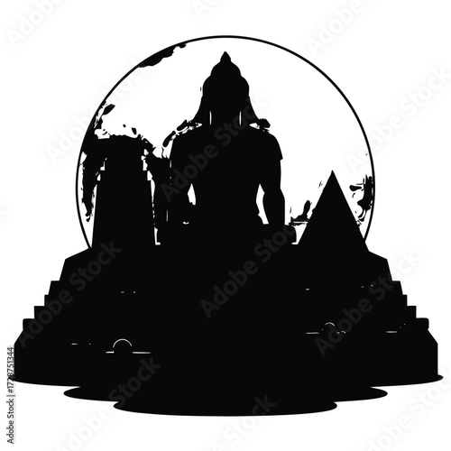 Silhouette of a seated deity figure with tiered structures and a circular halo statue sculpture