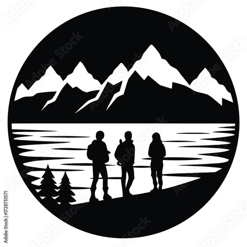 Silhouettes of hikers by lake with snow-capped mountains vector illustration