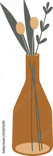 A minimalist illustration of a brown vase with three thin grey sticks and two orange circles