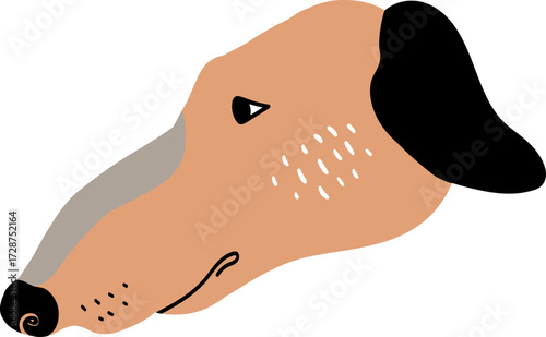 A minimalist illustration of a dogs head in profile featuring abstract shapes