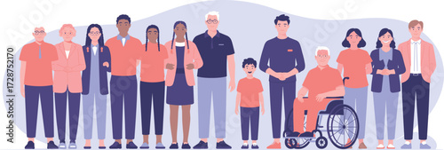 Diverse community group, inclusive people lineup, multigenerational family, wheelchair representation, ethnic diversity, unity illustration, casual fashion, modern background, social awareness concept