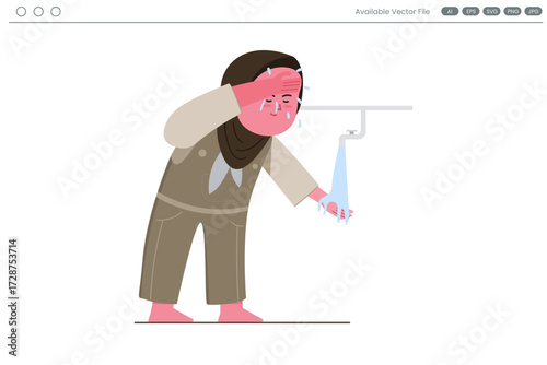 A person in a hijab and overalls washes their hands under a faucet