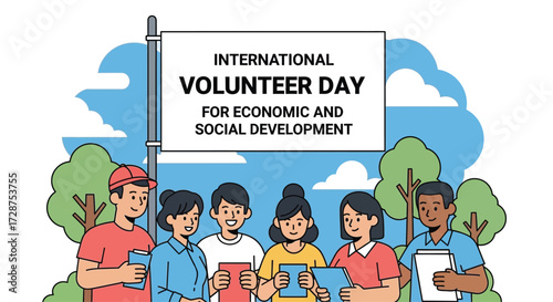 Flat vector illustration of volunteers distributing food and aid to people in need, promoting equality and kindness, International Volunteer Day for Economic and Social Development, simple clean desig