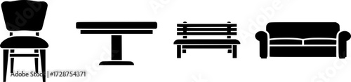 Black chair silhouettes group line icon. Chair, table, bench & Seating icons set Vector illustration