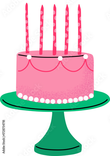 A pink birthday cake with five candles on a green cake stand