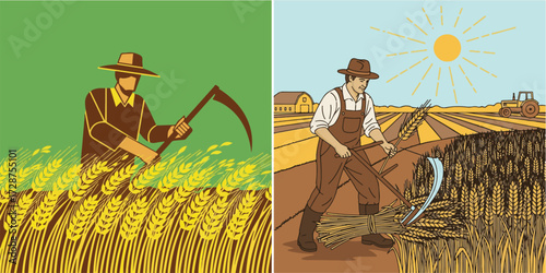Dual Agricultural Illustrations of Farmers Harvesting Golden Wheat in Fields