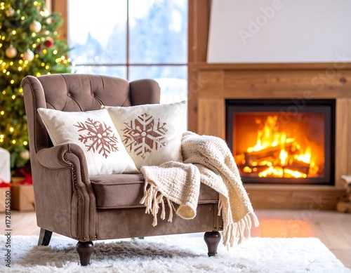 Cozy armchair by a fireplace. Festive Christmas decor