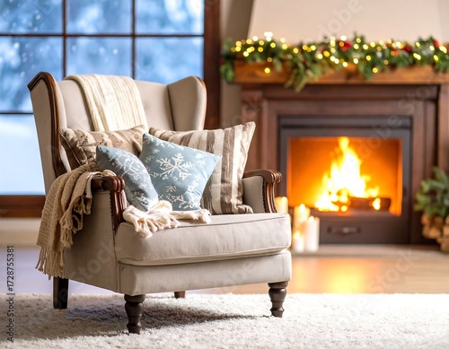 Cozy armchair by a fireplace in a snowy winter home