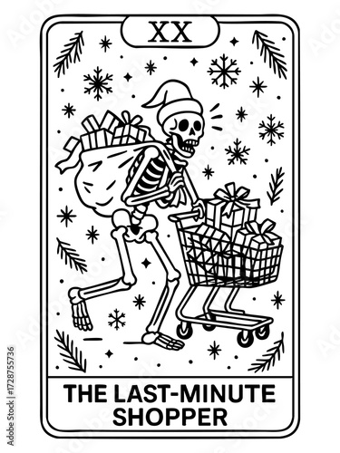 skeleton shopping cart full of christmas gifts smiling santa hat tarot card holiday scene black white festive drawing concept of retail marketing concept of seasonal promotion