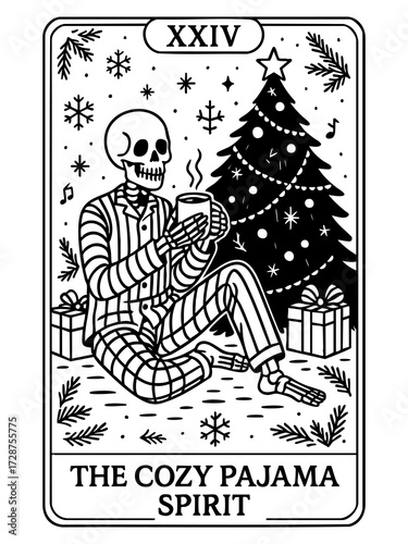 skeleton in striped pajamas holding mug sitting near christmas tree tarot card festive holiday drawing cozy seasonal vector concept of winter retail concept of holiday promotion