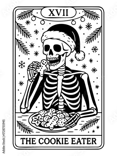 skeleton cookie eater santa hat biting gingerbread christmas tarot card festive holiday illustration concept of seasonal retail concept of holiday promotion