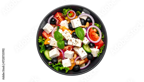 Colorful Greek salad in a dark bowl