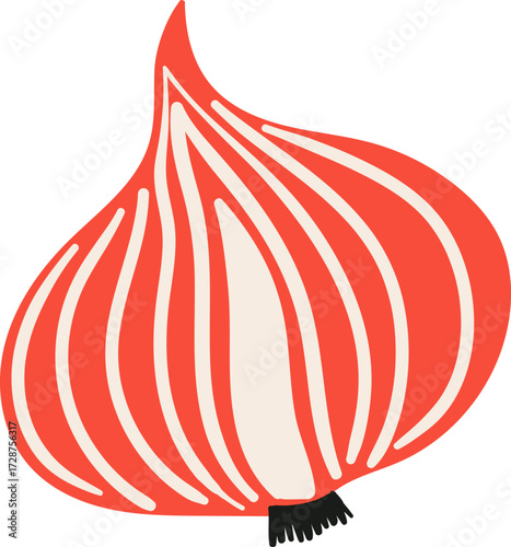 A red and cream onion with a wavy black base