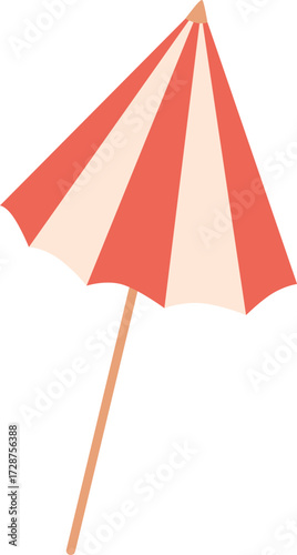 A red and white striped umbrella with a wooden handle