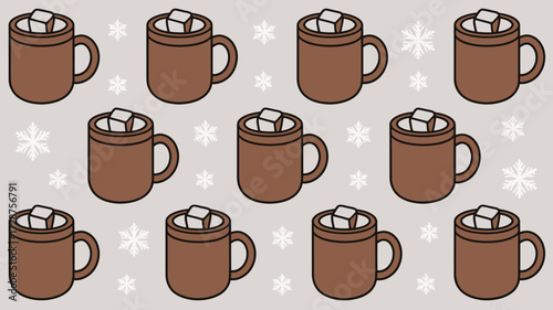 Pattern of brown mugs filled with marshmallows and snowflakes on a light beige background design art