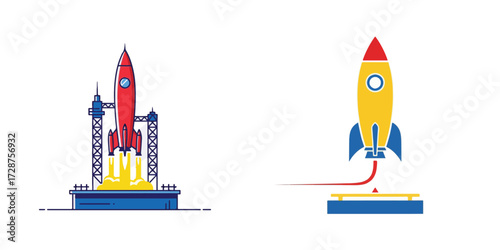 Two Rocket Launch Illustrations on White Background, Depicting Liftoff and Startup Concepts