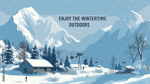winter landscape skis and gondola, snowy mountains, blue, white, gray colors, "ENJOY THE WINTERTIME OUTDOORS". pine trees, small houses, and a cable car, advertising poster, social media post template