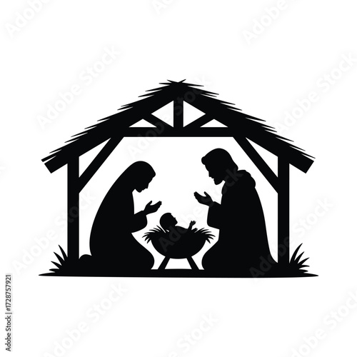 Nativity scene silhouette of jesus mary and joseph in a stable for christmas celebration