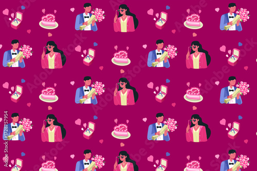 A repeating pattern featuring couples rings and cakes on a purple background