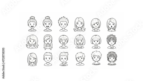 Collection of sketches showing various cartoon faces with different expressions and hairstyles drawn in black and white